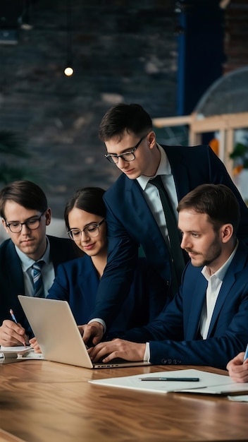 Des gens travaillent sur le projet. Des hommes et des femmes en costume assis à la table.