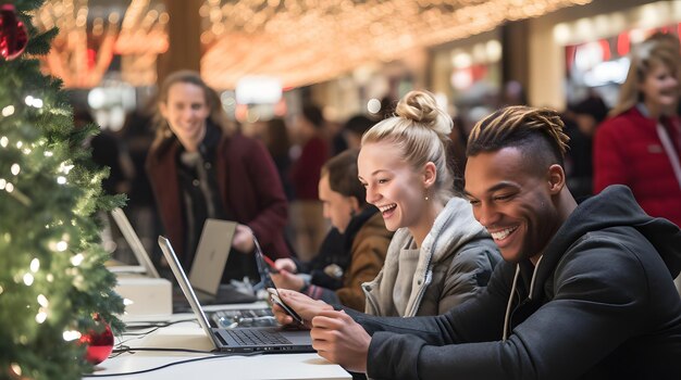 Les gens utilisent des ordinateurs et des téléphones pour faire des achats en ligne pour les offres du Black Friday