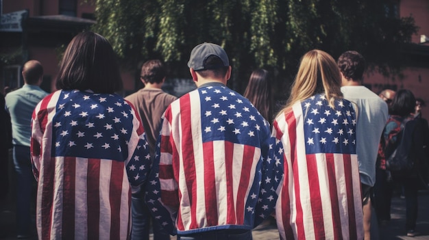 Les gens vêtus de vêtements de drapeau américain se tiennent le dos