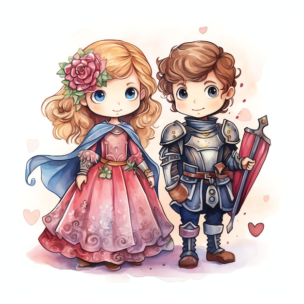 un gentil chevalier et une princesse fantaisie d'aquarelle médiévale