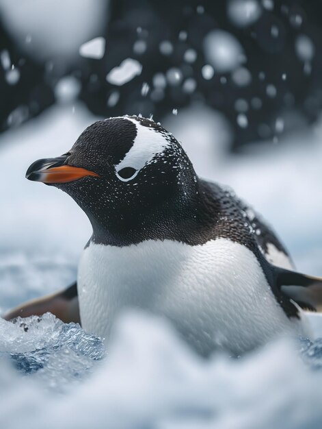 Photo le gentil pingouin dans un paysage de neige serein au milieu des flocons de neige qui tombent