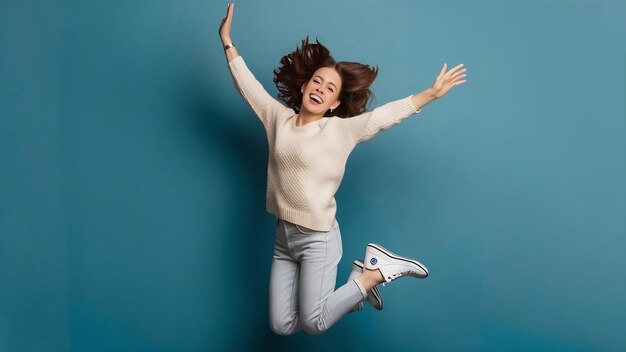 Une gentille fille d'humeur joyeuse saute les bras en l'air.