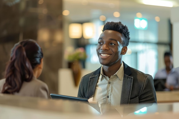 Un gentleman afro-américain joyeux s'engage dans une conversation avec l'hôtel