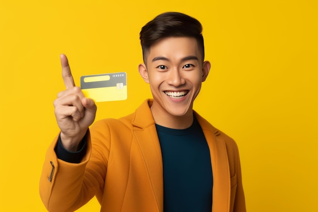 Gentleman asiatique captivant faisant la promotion d'une carte de crédit Poses d'un millénaire radieux défenseur des offres bancaires