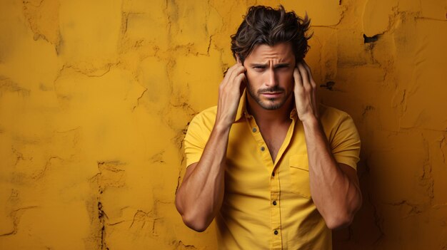 Photo un gentleman attrayant vêtu d'un t-shirt détendu agonisant d'un mal de tête perçant affligé par le stress et la misère compose un fond isolé avec les mains au-dessus de son crâne