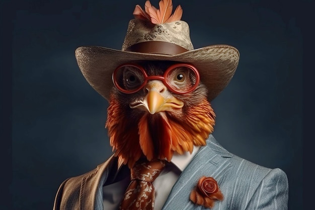 Gentleman coq dans un chapeau de cravate et des lunettes sur un fond noir maquette de bannière d'en-tête avec copie