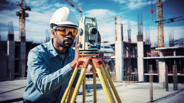 Un géomètre avec un équipement théodolite sur un chantier de construction