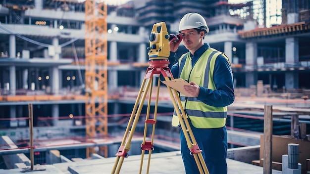 Un géomètre avec un équipement théodolite sur un chantier de construction