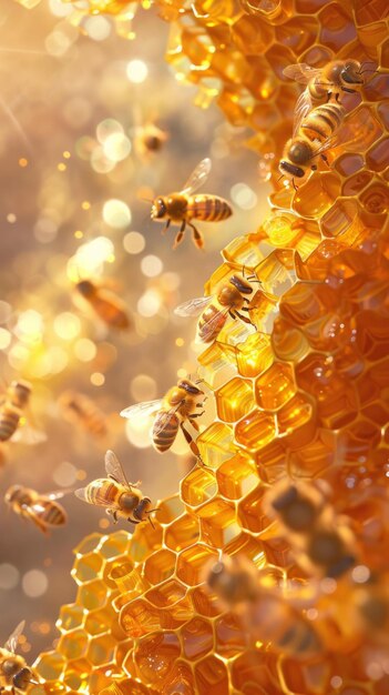 Photo la géométrie dorée de la nature un gros plan captivant d'un nid d'abeilles avec des abeilles un chef-d'œuvre complexe de la ruche