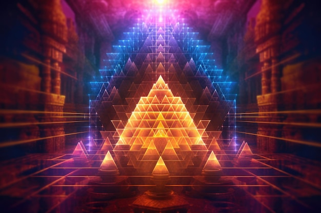 La géométrie sacrée de Sri yantra avec des effets de lumière colorés créés avec un AI génératif