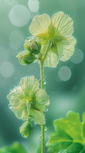 Un géranium vert clair avec deux bourgeons sur la branche trois feuilles vert tendre cristal clair Photo
