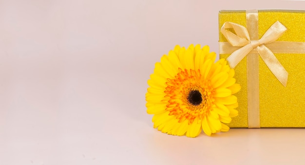 Un gerbera jaune et une boîte cadeau