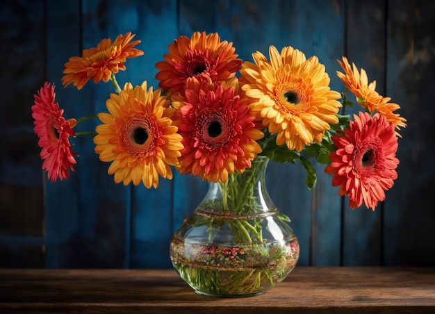 Des gerberas dans un vase sur une table en bois