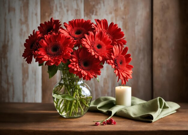 Photo des gerberas dans un vase sur une table en bois