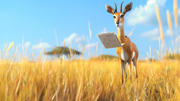 Photo un gerenuk de dessin animé se tient sur la savane africaine tenant un bloc-notes avec un graphique dessus