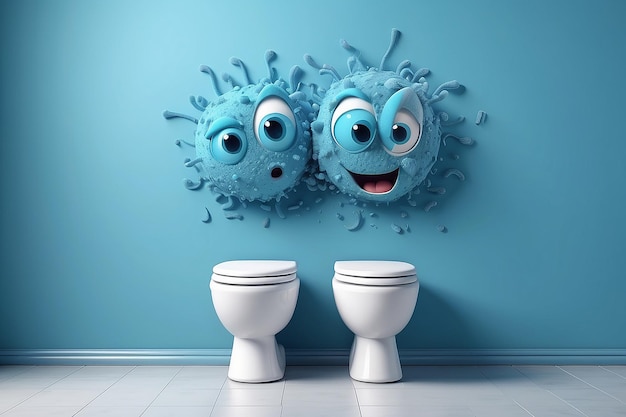 Photo des germes de dessin animé dans les toilettes sur un fond de mur bleu concept d'hygiène et de prévention des maladies épidémiques rendu en 3d