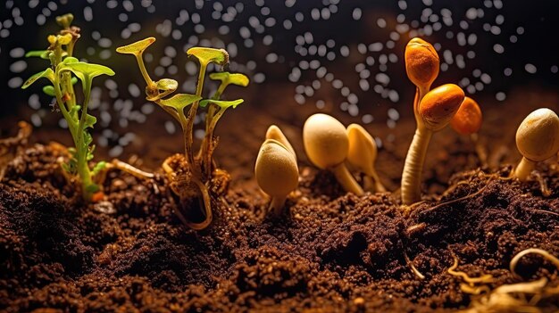 Germination de graines de légumes sur la Terre à différentes saisons générées par l'IA