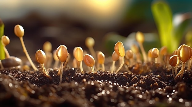 Germination de graines de légumes sur la Terre à différentes saisons, générées par l'IA