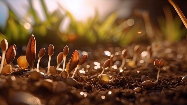 La germination de graines de légumes sur la Terre sous la neige en hiver