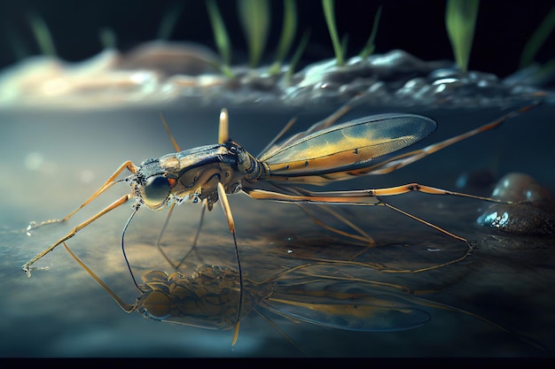 Gerris lacustris communément connu sous le nom de marcheur d'eau commun pond ses larves parmi les fourrés du lac Generative AI