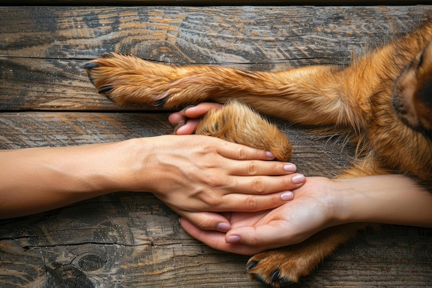Photo geste doux des personnes tenant les pattes du chien avec soin