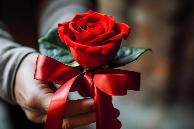 Geste romantique Mains tendres saisissant une note d'amour de rose rouge sécurisée avec un ruban rouge