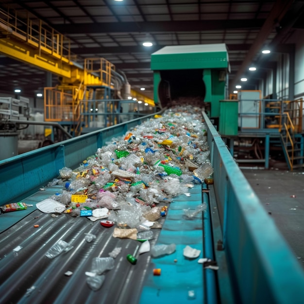 Gestion des déchets Ceinture transportatrice avec déchets accumulés à l'usine de recyclage Pour les médias sociaux