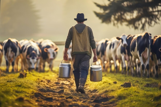 Gestion du troupeau Au ranch, un fermier s'occupe d'une vache qui recueille du lait dans un seau, démontrant le rôle vital de l'agriculture dans la production laitière.