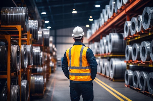 Gestion des stocks d'entrepôt dans une usine de métallurgie avec ingénieur ou inspecteur conduisant le stockage