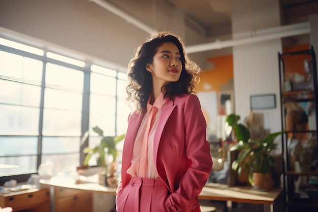 Gestionnaire asiatique élégant dans un costume rose travaille dans le bureau femme d'affaires tendances de la mode