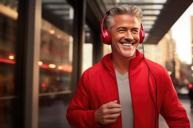 gestionnaire moyen faisant de l'exercice en ville tout en écoutant de la musique sur des écouteurs sans fil