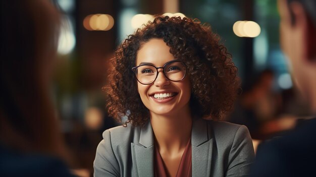 Le gestionnaire serre la main d'une femme entrepreneure d'âge moyen heureuse lors d'une réunion de bureau IA générative