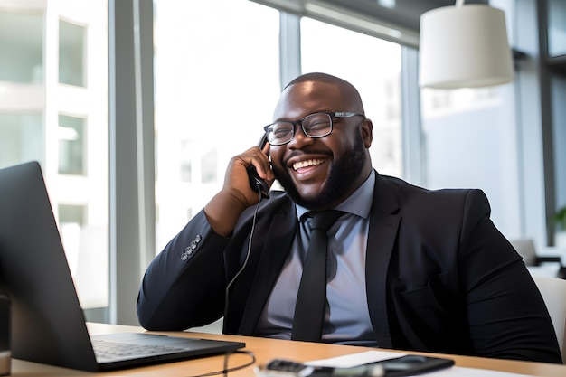 Photo gestionnaire de taille plus parlant au téléphone avec un client au bureau pdg homme d'affaires gros chef masculin