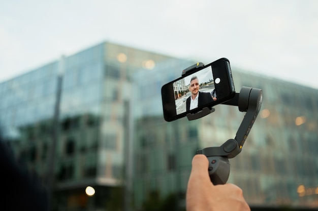 Le gestionnaire tient un dispositif de stabilisation pour la caméra Un entrepreneur