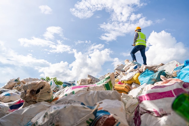 Un gestionnaire tient une tablette au-dessus d'une pile de bouteilles de recyclage à l'usine de recyclage Concept d'entreprise de recyclage des déchets Recycler les déchets