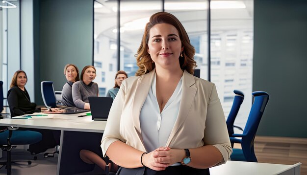 Gestionnaires de taille plus, portrait de femme d'affaires de taille plus caucasienne dans un bureau moderne génératif par IA