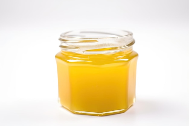 Ghee ou beurre clarifié en pot et cuillère en bois isolé sur fond blancAI génératif