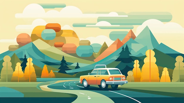 GIF animé d'une voiture roulant dans un paysage vallonné avec une boîte à bagages sur le dessus en jaune, bleu et vert AI Generative