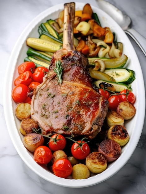 Gigot d'agneau au four avec des légumes sur un fond blanc