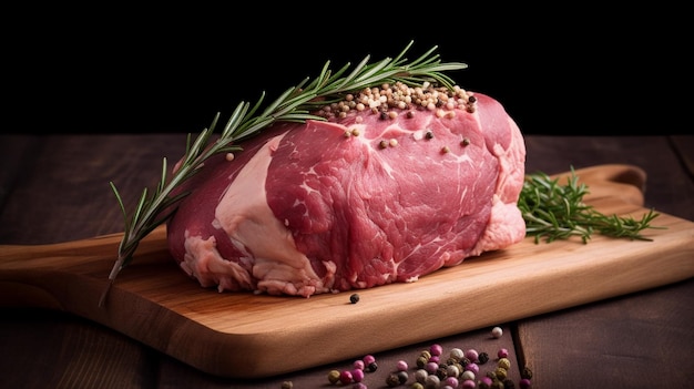 Un gigot d'agneau cru sur une coupe en bois