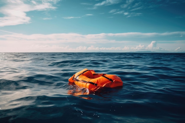 Photo un gilet de sauvetage flottant dans l'océan avec un ciel nuageux en arrière-plan