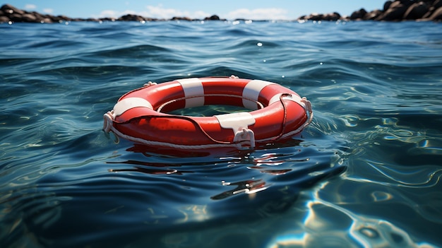 Un gilet de sauvetage rouge et blanc flottant sur des eaux bleues calmes