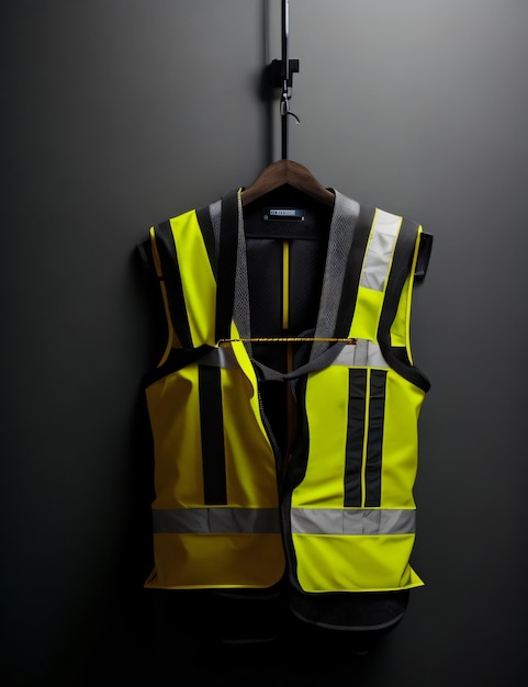 Photo gilet de sécurité du travail orange de construction accroché au mur noir plat