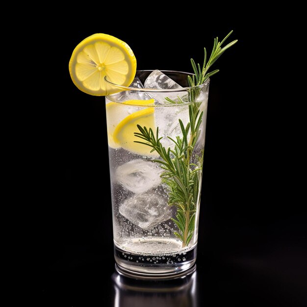 Photo un gin et tonic dans un long verre à boire avec du citron glacé et du romarin isolé