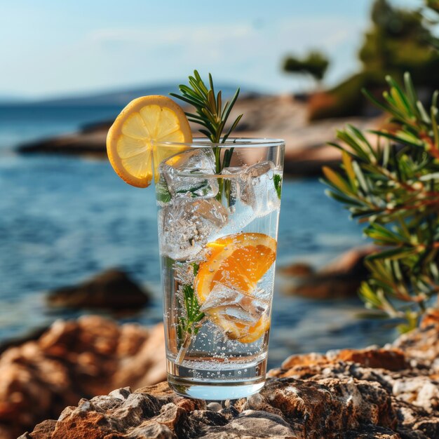 Gin et tonic rafraîchissant avec de la glace servi sur la plage