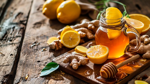 Photo le gingembre, le citron et le miel sur la table.