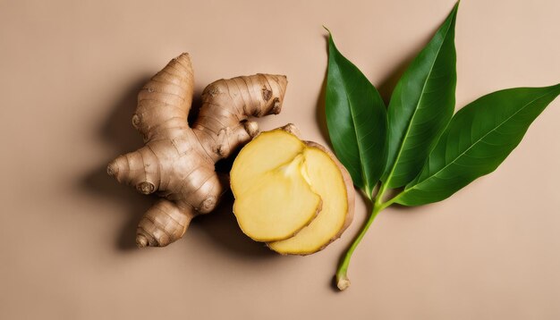 Photo le gingembre frais et les feuilles vertes sont un délice culinaire naturel.