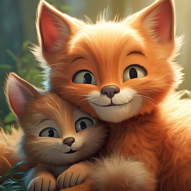 Gingembre mignon renard cub et petit chaton moelleux étreignant tendrement style pixar amour fourrure brillante grands yeux brillants queue moelleuse sourire conte de fées générat ai