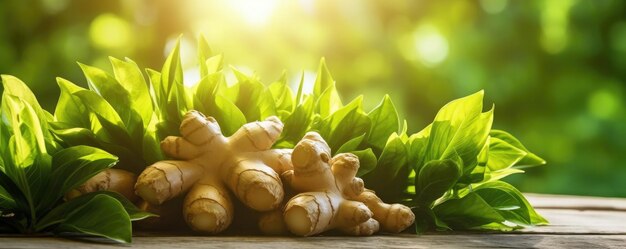 Le gingembre sur la table en bois dans le jardin vert