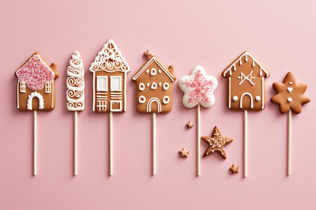 Gingerbread biscuits faits maison sur fond rose pâtisseries pour Noël et le Nouvel An cuisson de vacances